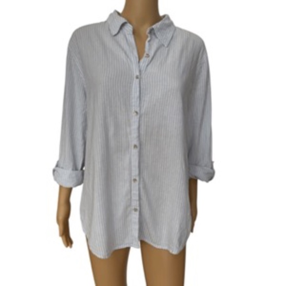 Sigrid Olsen Linen Striped Blue&White Roll Tabs Long Sleeves Blouse Size XL - Picture 1 of 1